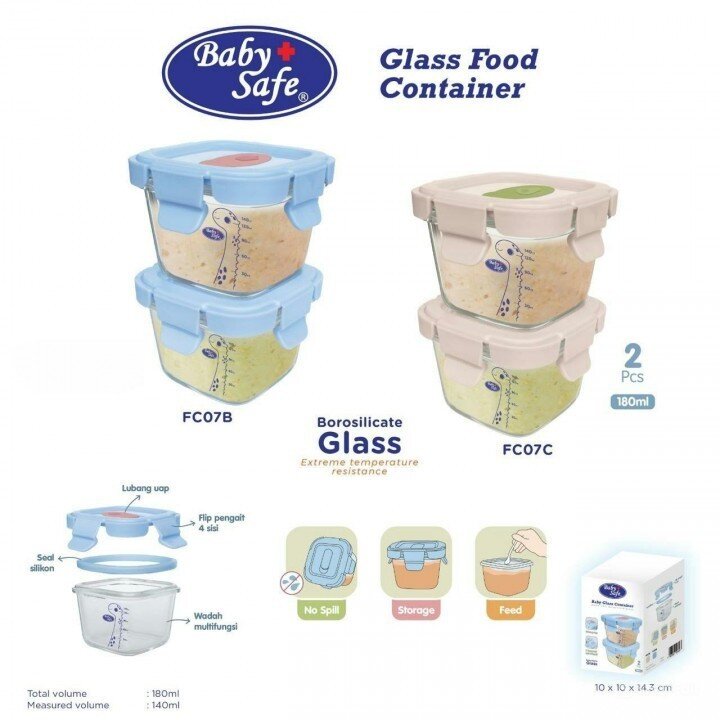 Baby Safe Glass Food Container 180ml 2pcs / Kontainer Makanan Bayi Kaca / Tempat Makanan Bayi / Tempat MPASI Kaca