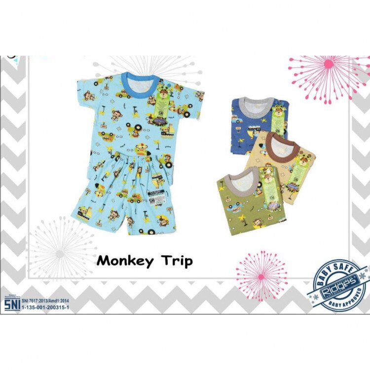 Paket Setelan Baju Bayi Pendek Kancing Pundak Ridges Monkey Trip / Baju Santai Anak / Setelan Oblong Anak Unisex