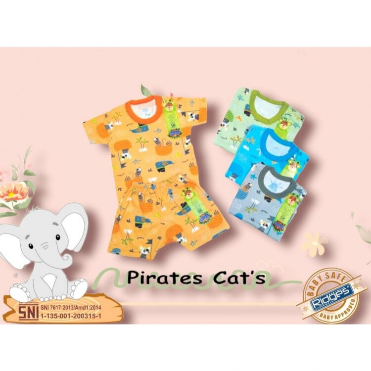 Paket Setelan Baju Bayi Pendek Kancing Pundak Ridges Pirates Cats / Baju Santai Anak / Setelan Oblong Anak Unisex