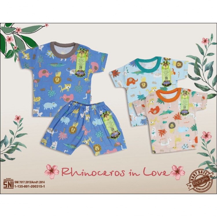 Paket Setelan Baju Bayi Pendek Kancing Pundak Ridges Rhinocheros / Baju Santai Anak / Setelan Oblong Anak Unisex