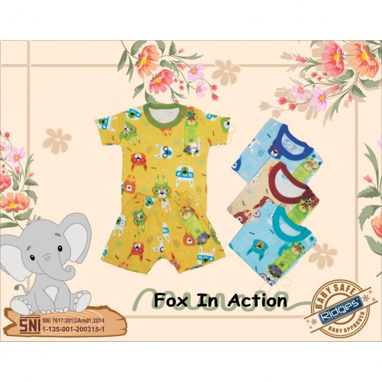 Paket Setelan Baju Bayi Pendek Kancing Pundak Ridges Fox In Action / Baju Santai Anak / Setelan Oblong Anak Unisex
