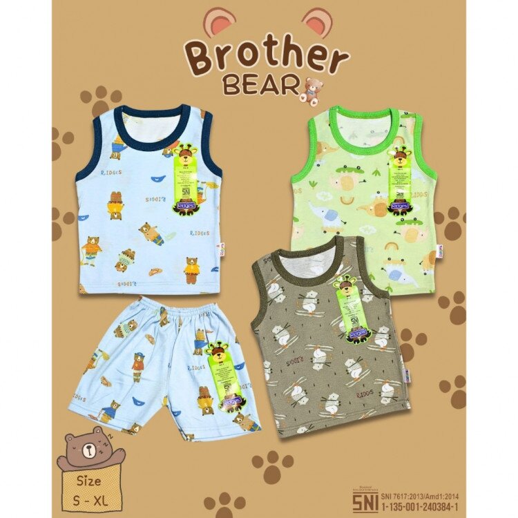 Paket Baju Bayi Setelan Singlet Kutung Anak Ridges 3pcs Brother Bear / Setelan Bayi Kutung / Setelan Bayi Laki-laki dan Perempuan / Baju Bayi adem