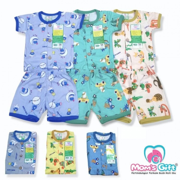 Paket Setelan Baju Bayi Pendek Kancing Depan Moms Gift 3pcs SNI / Piyama Anak Adem Anak 0-2 tahunan/ Baju Santai Anak / Baju Tidur Anak