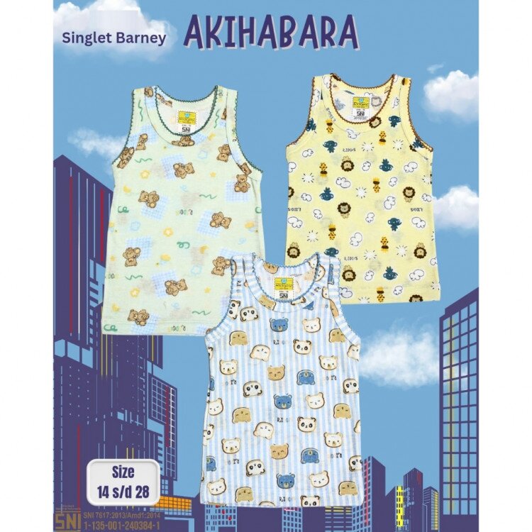 Singlet Anak Ridges Barney Motif Akihabara 3pcs / Singlet Bayi 3pcs