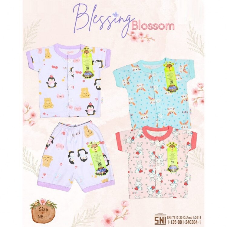 Paket Setelan Baju Bayi Pendek Kancing Depan RIDGES Blessing Blossom 3pcs Newborn - 1 tahunan SNI / Piyama Anak Adem Anak Perempuan 0-1 tahunan/ Baju