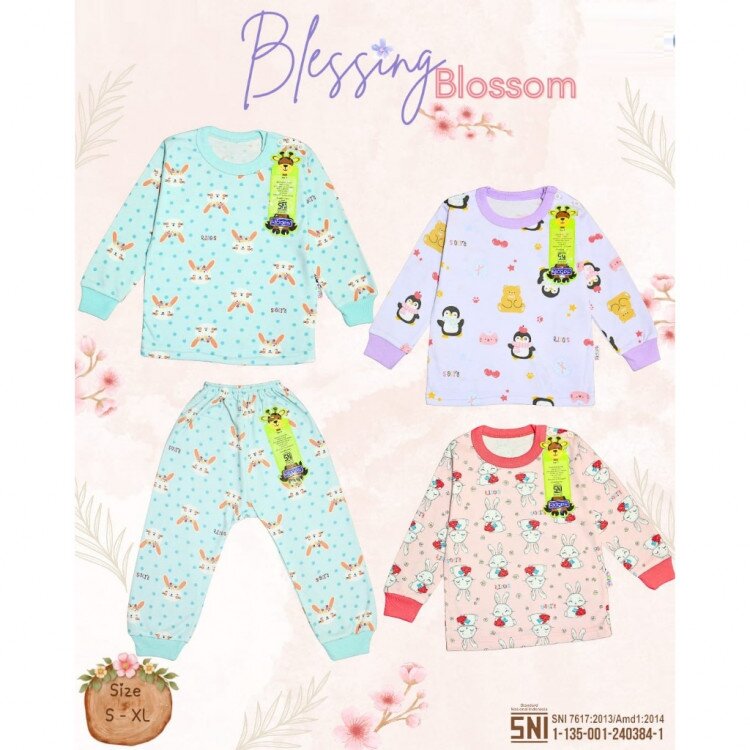 Setelan Oblong Panjang Anak Kancing Pundak Ridges Blessing Blossom SNI / Baju Tidur Anak Adem dan Halus / Piyama Anak Perempuan Ridges Nyaman dipakai