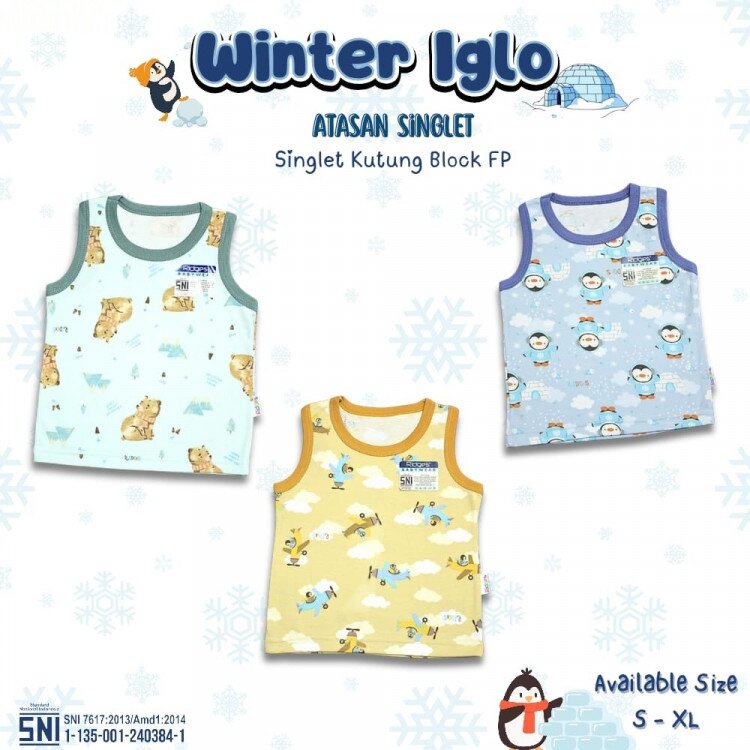 Promo Paket Baju Atasan Singlet Anak Ridges Motif Winter Iglo 3pcs SNI