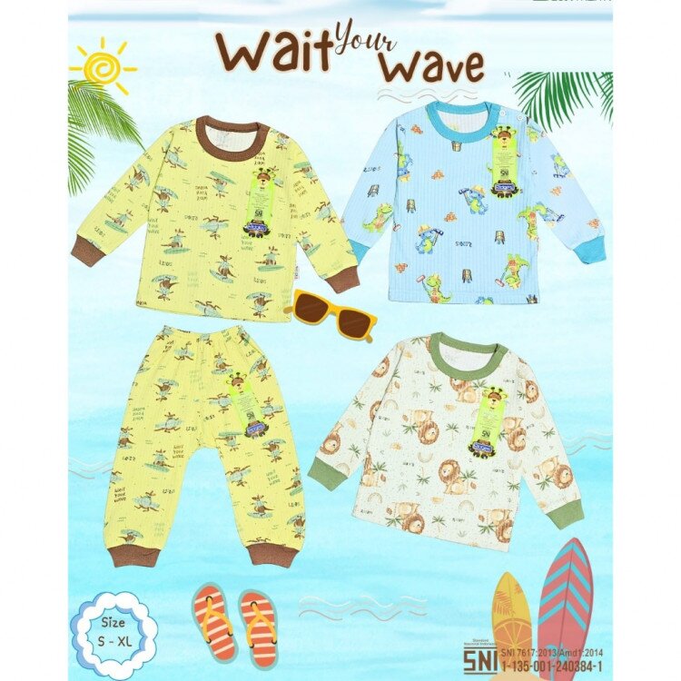 Setelan Oblong Panjang Anak Kancing Pundak Ridges Wait Your Wave SNI / Baju Tidur Anak Adem dan Halus / Piyama Anak Unisex Ridges Nyaman dipakai