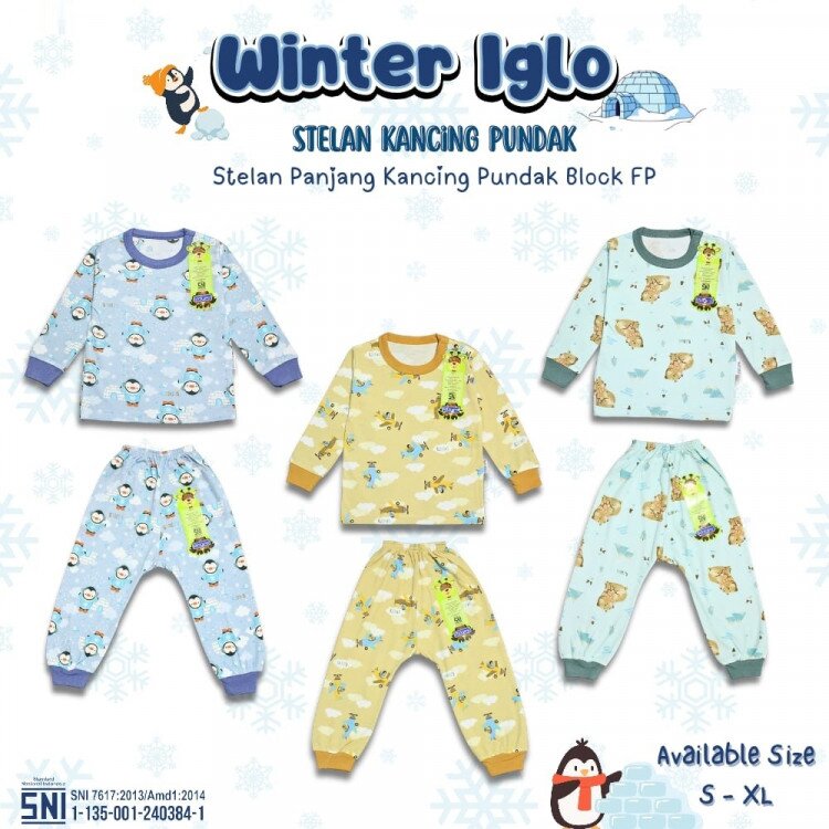 Setelan Oblong Panjang Anak Kancing Pundak Ridges Winter Iglo SNI / Baju Tidur Anak Adem dan Halus / Piyama Anak Unisex Ridges Nyaman dipakai