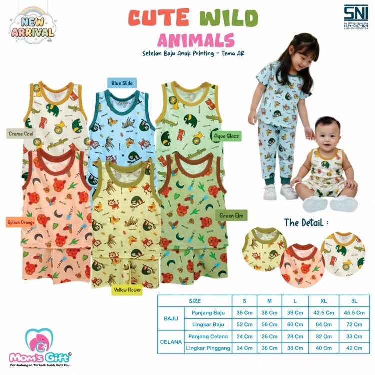 Paket Baju Bayi Setelan Singlet Kutung Kaos Anak Moms Gift Cute Wild Animals TYpe AR / Setelan Bayi Kutung / Setelan Bayi Laki-laki dan Perempuan