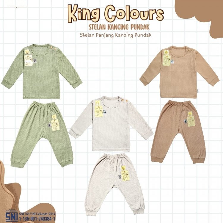 Paket Baju Setelan Oblong Panjang Anak Kancing Pundak 3pcs Polos King Colours / Baju Tidur Anak / Piyama Anak Ridges Polos King Colours