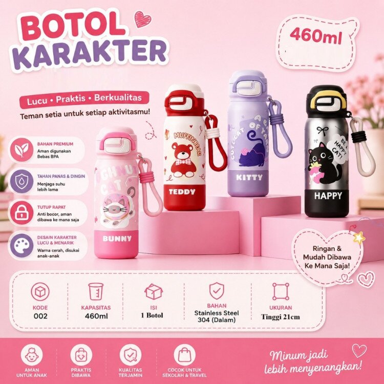 Botol Minum Tumbler Sedotan Termos Tahan Panas Dingin 460ml / Tumbler Bottle 2in1 Stainless Steel 002