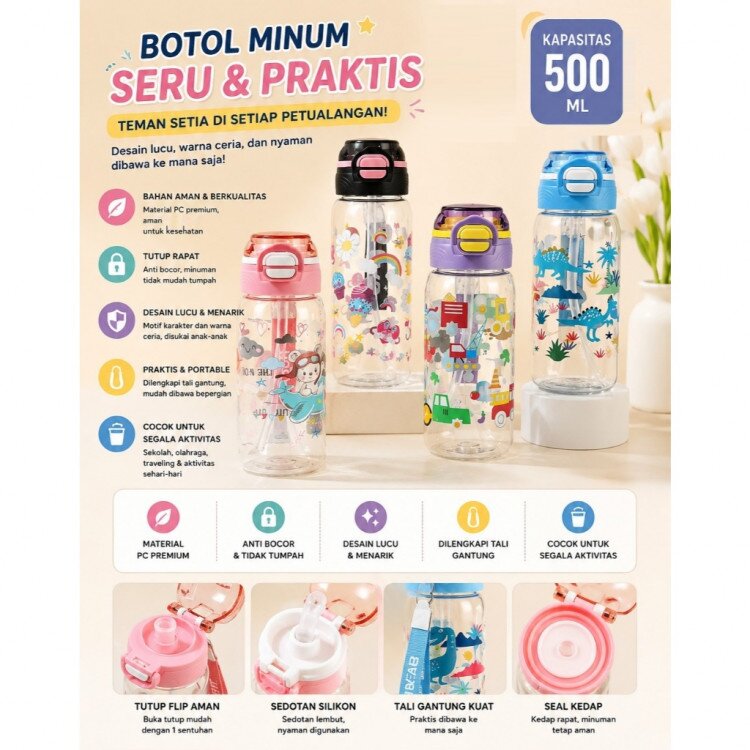 Botol Minum Anak Sedotan 500ml / Botol Minum Anak Sekolah / Botol Minum Lucu