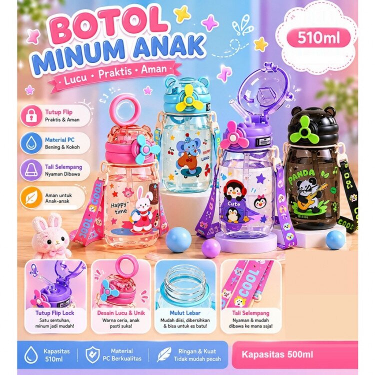 Botol Minum Anak Sedotan Lucu 510ml / Botol Minum Anak Sekolah Tali Panjang / Botol Minum Lucu