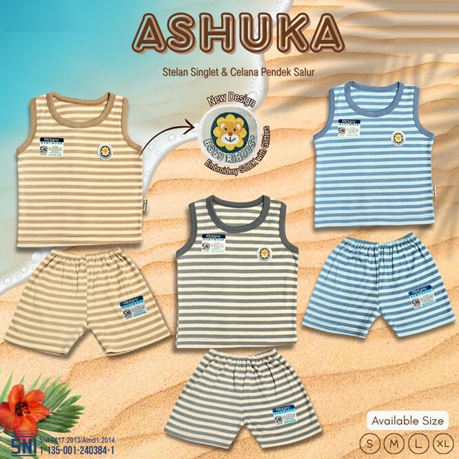 Paket Baju Bayi Setelan Singlet Kutung Anak Ridges Salur Ashuka / Setelan Bayi Kutung / Setelan Bayi Laki-laki dan Perempuan / Baju Bayi adem /